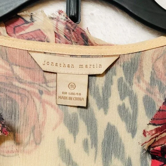 Jonathan Martin Floral and Cheetah Sheer Ruffle Button Down Blouse Size Small - Picture 4 of 7